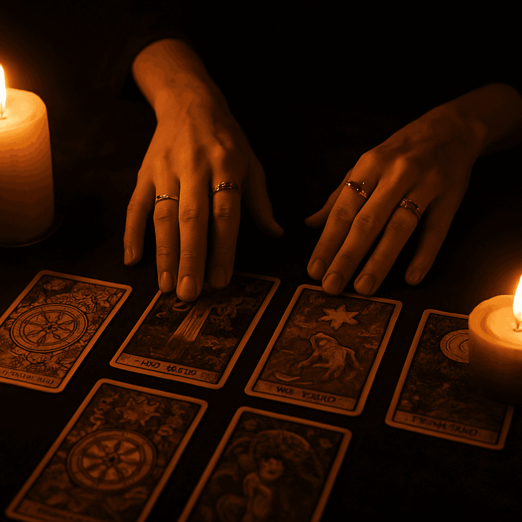 Cartomante fazendo leitura de cartas de tarot em Campo Grande MS com velas ao fundo